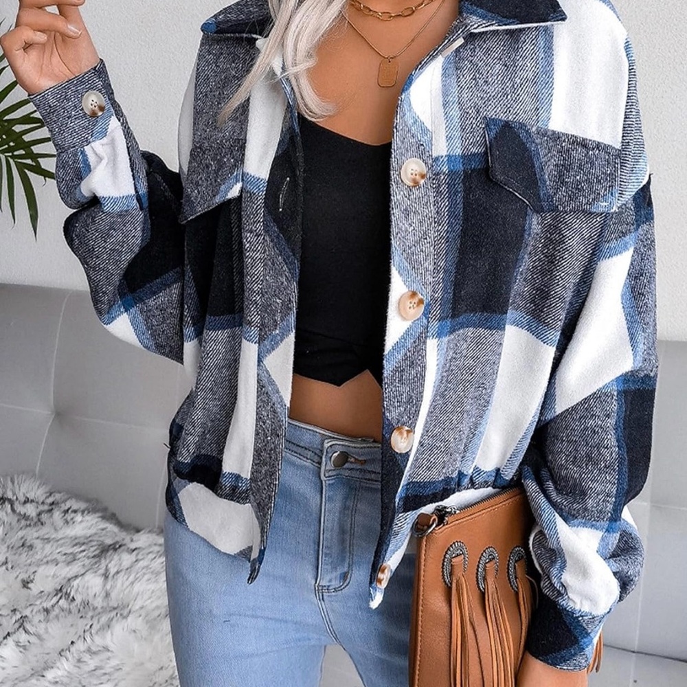 Blue and White Plaid Button-Up Shirt NWT